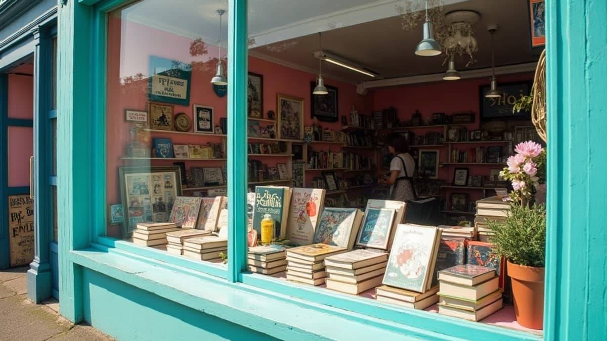 A brightly painted Brighton shop window crowded with second-hand books and bric-a-brac