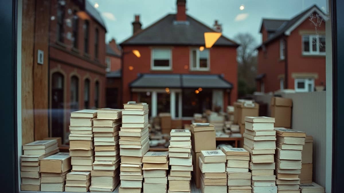 Stacks of donated books and boxes behind glass, red brick terraces reflected in the window