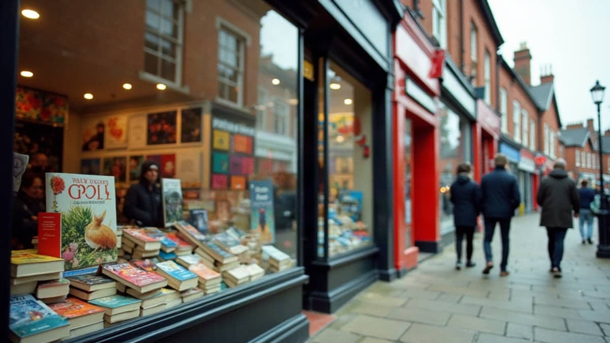 A busy Leicester high street of red brick shopfronts with colourful awnings