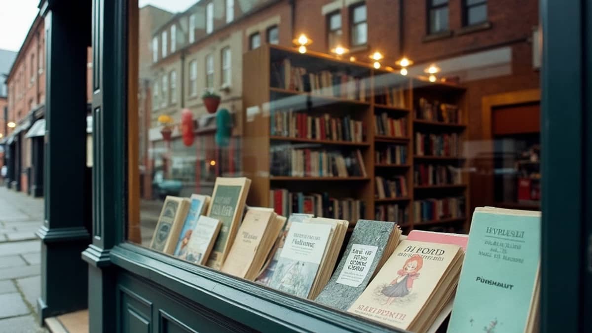 A shop window of second-hand books with a Liverpool brick terrace reflected in the glass