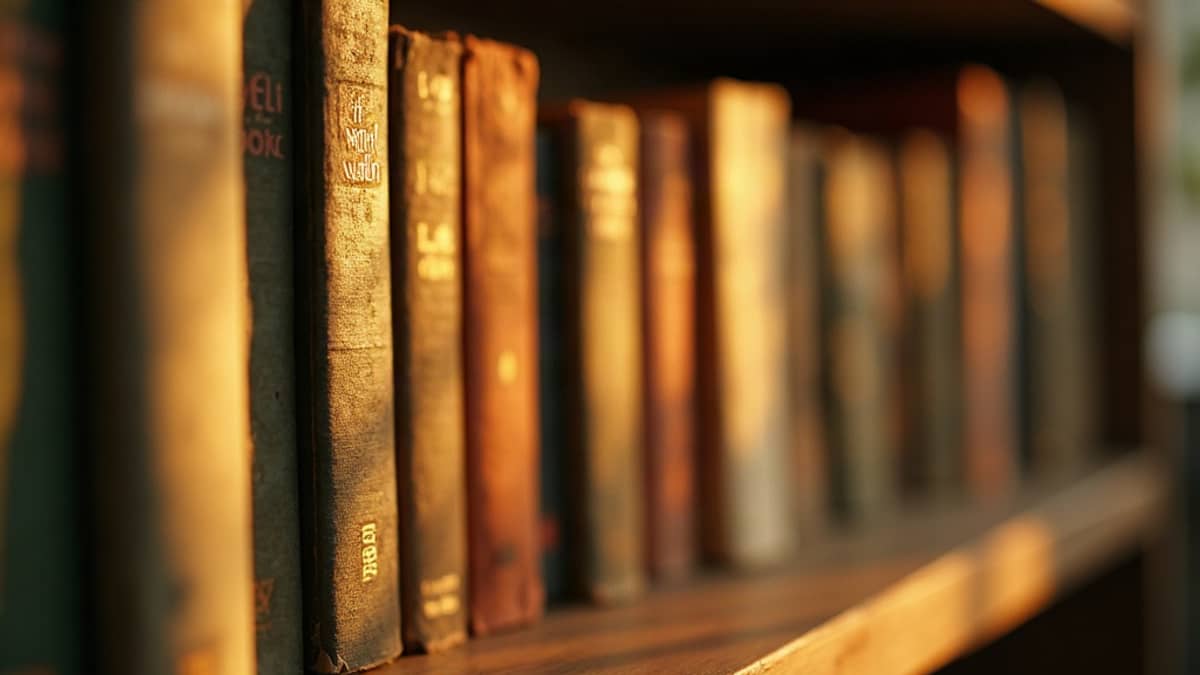 A row of well-worn paperback spines in raking golden light
